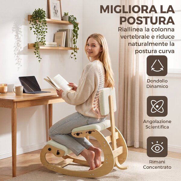 HOMCOM Sedia Ergonomica Inginocchiata da Ufficio e Casa, in Tessuto Effetto Lino, Compensato di Betulla, Crema | Aosom Italy