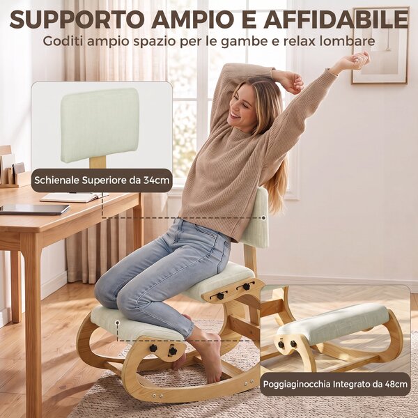 HOMCOM Sedia Ergonomica Inginocchiata da Ufficio e Casa, in Tessuto Effetto Lino, Compensato di Betulla, Crema | Aosom Italy