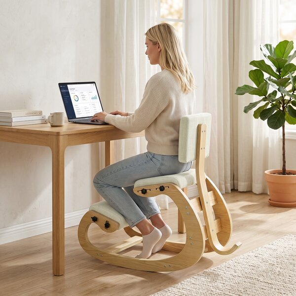 HOMCOM Sedia Ergonomica Inginocchiata da Ufficio e Casa, in Tessuto Effetto Lino, Compensato di Betulla, Crema | Aosom Italy