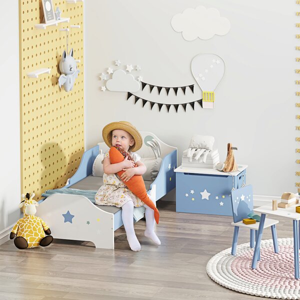 HOMCOM Letto Basso per Bambini +3 Anni con Sponde, Lettino Blu e Bianco,Atrezzatura Stanza per Bambino 143 x 74 x 59 cm|Aosom