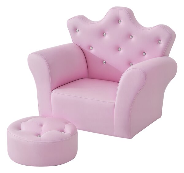 HOMCOM Set Poltrona per Bambini con Poggiapiedi e Bottoni Brillanti, Struttura in Legno con Imbottitura, Rivestimento PVC Rosa|Aosom