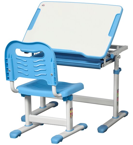 HOMCOM Set Tavolo e Sedie per Bambini 6-12 Anni con Banco Altezza Regolabili,Cassetto e Piano Inclinabile a 45°,in acciaio e MD,Blu |Aosom Italy