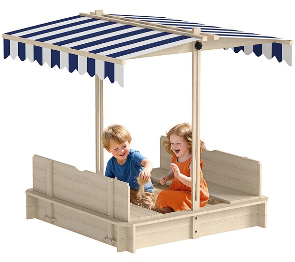 Outsunny Sabbiera per Bambini in Legno con Tettuccio Parasole, Panca e Coperchio, 106x106x121cm Bianco e Blu