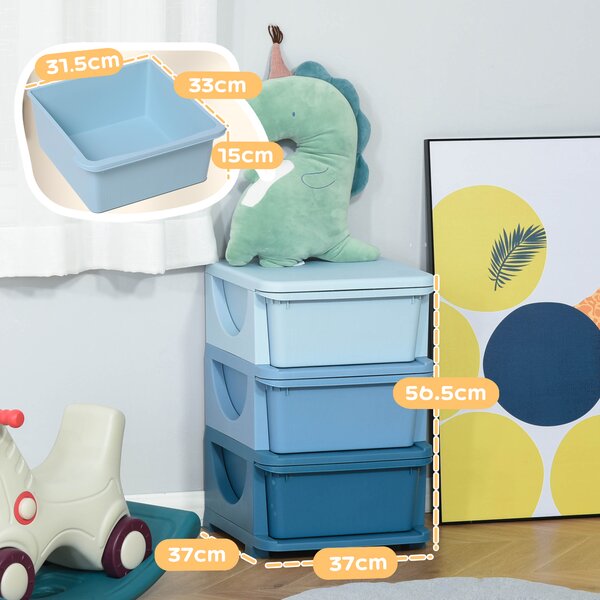 HOMCOM Cassettiera in Plastica Colorata per Cameretta con 3 Cassetti, Arredamento Casa e Asilo 37x37x56.5cm Blu|Aosom