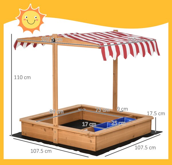 Outsunny Sabbiera per Bambini in Legno con Tettuccio Regolabile in Altezza, Gioco da Giardino con Sedute sui Bordi e Vaschette, 107.5x107.5x110cm
