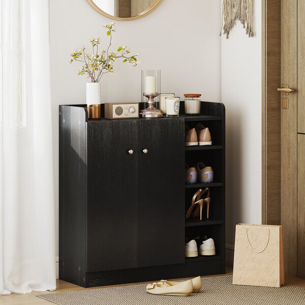 Homcom scarpiera da ingresso salvaspazio mobile scarpiera in Legno con 2 Ante 3 Ripiani 83 x 30 x 90 cm Nero|Aosom