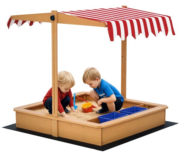 Outsunny Sabbiera per Bambini in Legno con Tettuccio Regolabile in Altezza, Gioco da Giardino con Sedute sui Bordi e Vaschette, 107.5x107.5x110cm