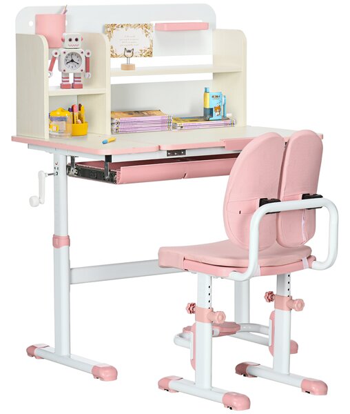 ZONEKIZ Banco Scuola con Sedia per Bambini 3-12 Anni, Altezza Regolabile e Piano Inclinabile, Rosa|Aosom