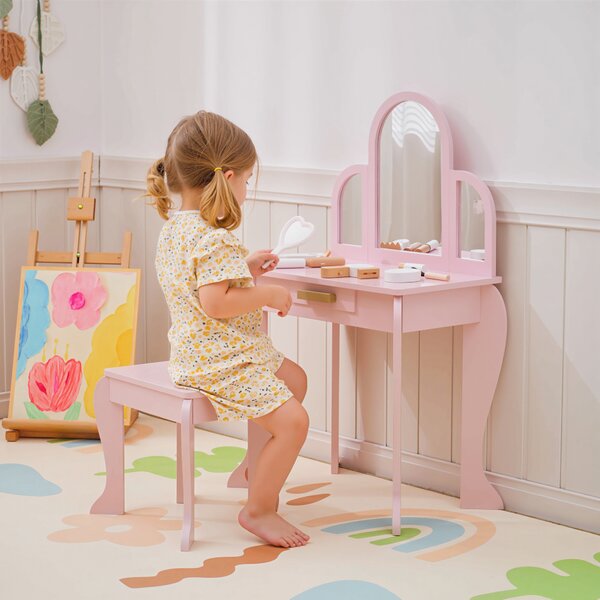HOMCOM Tavolo per Trucco per Bambine 3-6 Anni con Sgabello, Cassetti e Specchio Coordinato in Acrilico, in MDF e Legno di Pino, Rosa|Aosom