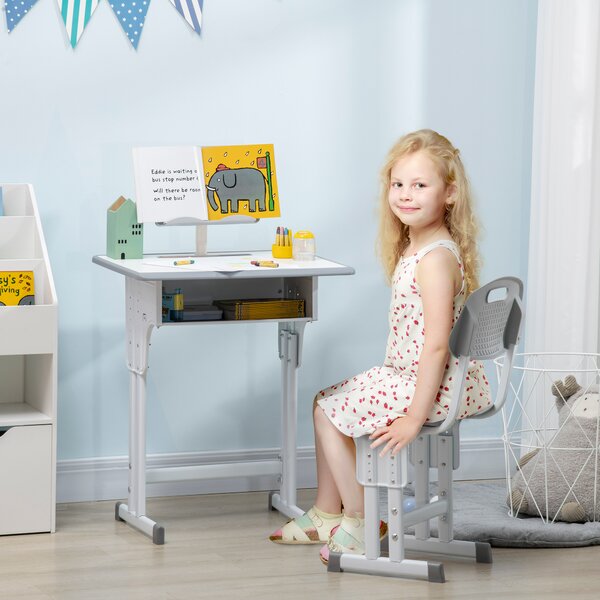HOMCOM Banco Scuola con Sedia ad Altezza Regolabile per Bambini 6-12 Anni, Acciaio e MDF, Grigio|Aosom