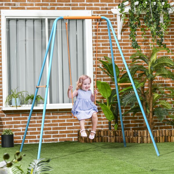 Outsunny Altalena per Bambini 3-8 Anni da Giardino in Acciaio e PE con Seggiolino e Picchetti, 163x145x181 cm, Blu e Arancione|Aosom