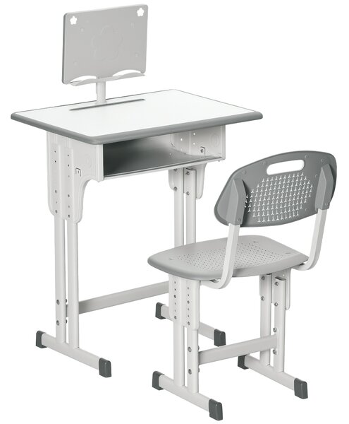 HOMCOM Banco Scuola con Sedia ad Altezza Regolabile per Bambini 6-12 Anni, Acciaio e MDF, Grigio|Aosom