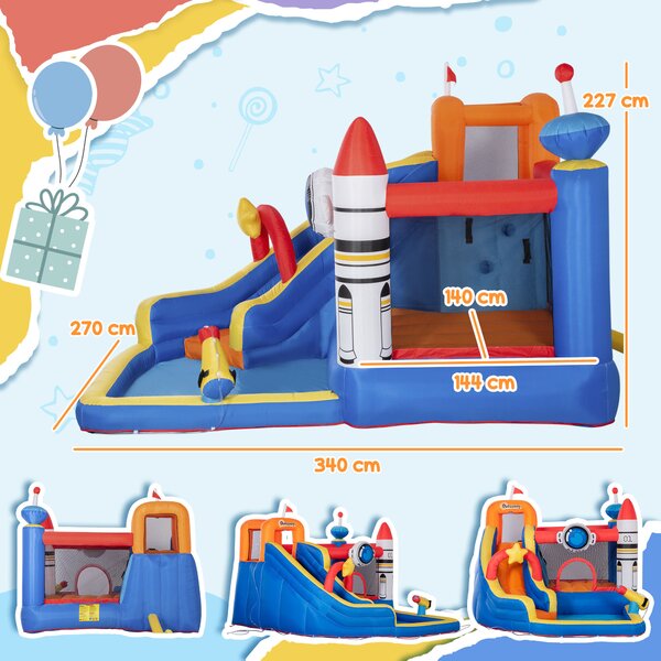 Outsunny Gioco Gonfiabile per Bambini 3-8 Anni a tema Spazio in Tessuto Oxford con Borsa da Trasporto, 11 Paletti e Toppe Inclusi, 340x270x227 cm
