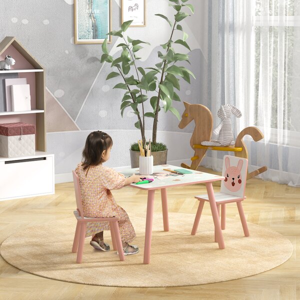 ZONEKIZ Set Tavolo e Sedie 3 Pezzi per Bambini 3-8 Anni in MDF e Legno di Pino con Disegni di Animali, Rosa|Aosom