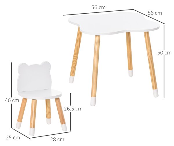 HOMCOM Set Tavolino e Sedie per Bambini in Legno a Forma di Orsetto Bianco per Gioco e Studio con Design Adorabile e Stile Moderno|Aosom
