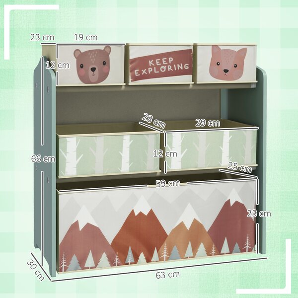 ZONEKIZ Scaffale Portagiochi per Bambini con 6 Contenitori Rimovibili in Tessuto, 63x30x66cm, Verde|Aosom