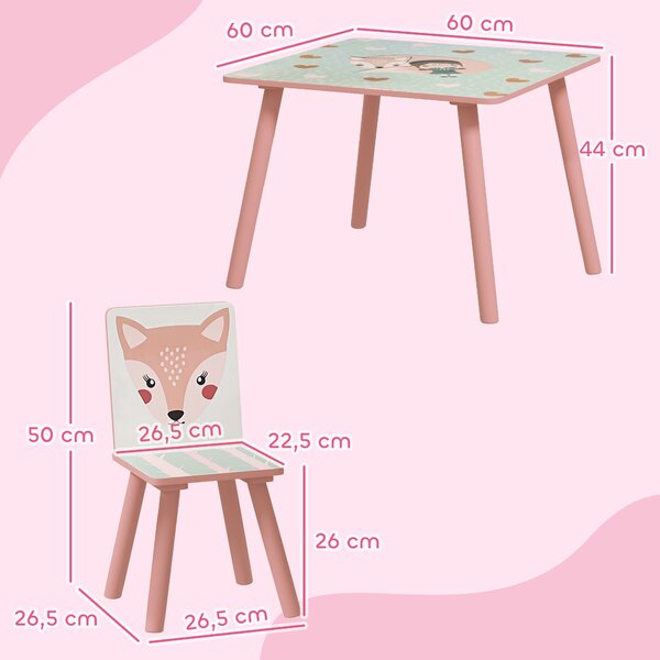 ZONEKIZ Set Tavolo e Sedie 3 Pezzi per Bambini 3-8 Anni in MDF e Legno di Pino con Disegni di Animali, Rosa|Aosom