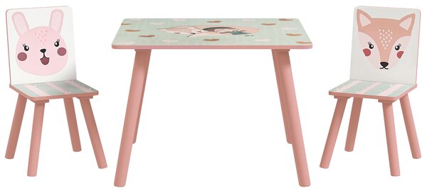 ZONEKIZ Set Tavolo e Sedie 3 Pezzi per Bambini 3-8 Anni in MDF e Legno di Pino con Disegni di Animali, Rosa|Aosom