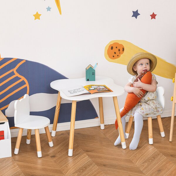 HOMCOM Set Tavolino e Sedie per Bambini in Legno a Forma di Orsetto Bianco per Gioco e Studio con Design Adorabile e Stile Moderno|Aosom