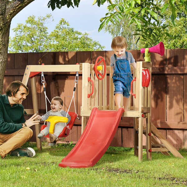 Outsunny Set con Scivolo e Altalena da Giardino per Bambini Età 18-48 Mesi, in Legno e Plastica, Rosso|Aosom