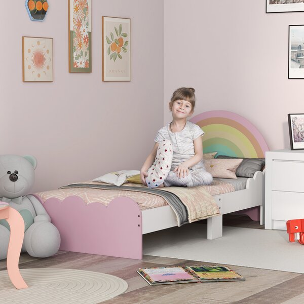 ZONEKIZ Lettino per Bambini 3-6 Anni con Sponde Laterali Anticaduta in MDF, 143x74x66 cm, Bianco e Rosa|Aosom
