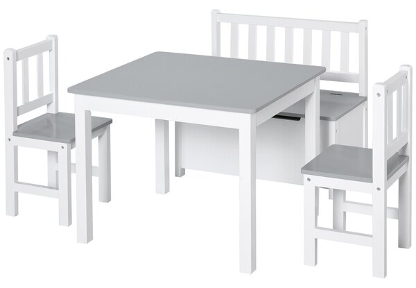 HOMCOM Set con Tavolo per Bambini con contenitore, 2 Sedie e Cassapanca, Legno, Spazio Creativo in Cameretta, Bianco e Grigio|Aosom Italy