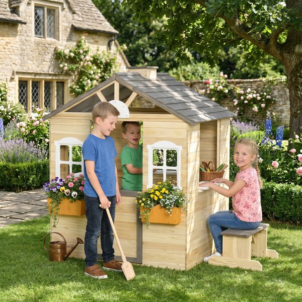 Outsunny Casetta Bimbi 3-7 Anni a 2 Finestre con Portavasi e Panchina, in Legno di Abete e PP, 113Lx94x134.5 cm|Aosom