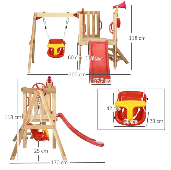 Outsunny Set con Scivolo e Altalena da Giardino per Bambini Età 18-48 Mesi, in Legno e Plastica, Rosso|Aosom