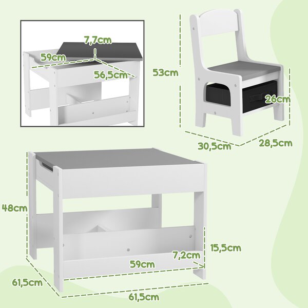 HOMCOM Set Tavolino per Bambini e 2 Sedie, Piano del Tavolo 2 in 1 con Lavagna e Contenitori, Grigio|Aosom