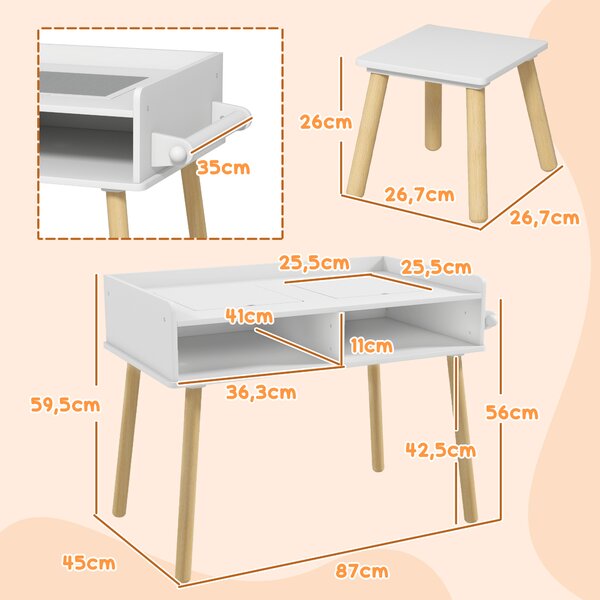 HOMCOM Set Tavolino e Sedie per Bambini, Piano del tavolo a 2 lati Reversibile e Rotolo di Carta, in MDF e legno, Bianco|Aosom Italy