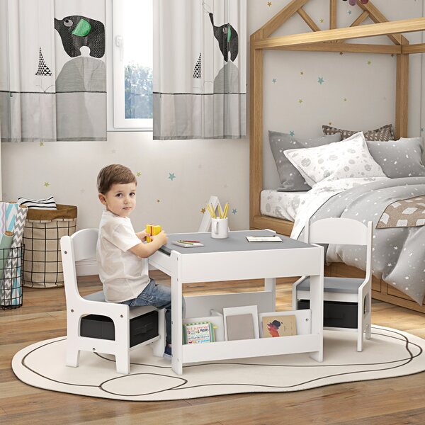 HOMCOM Set Tavolino per Bambini e 2 Sedie, Piano del Tavolo 2 in 1 con Lavagna e Contenitori, Grigio|Aosom