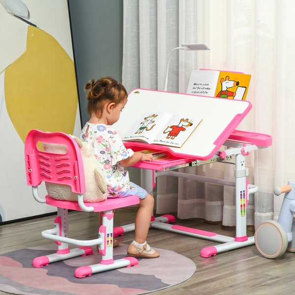 HOMCOM Set Scrivania per Bambini 6-12 Anni con Sedia Regolabile in Altezza, Cassetto, Luce e Piano Inclinabile, Rosa