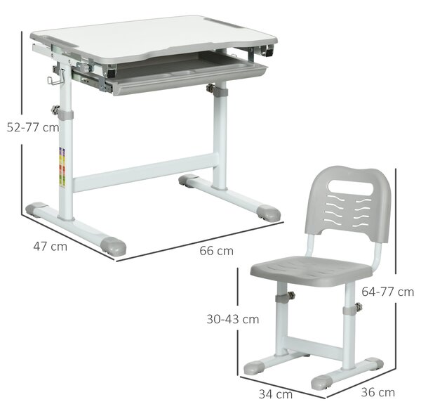HOMCOM Banco Scuola per Bambini 6-12 Anni con Sedia e Altezza Regolabile, Piano Inclinabile, 66x47x52-77 cm, Grigio