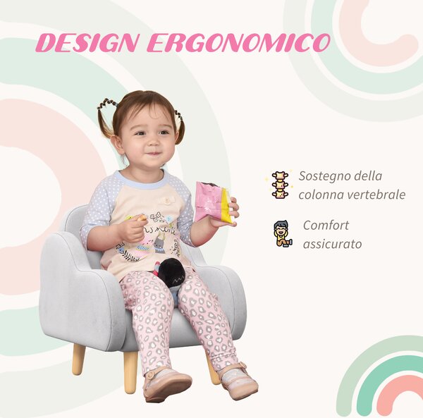 ZONEKIZ Poltrona per Bambini fino a 3 Anni con Braccioli a Nuvola in Tessuto, 46x51x55cm, Grigio|Aosom