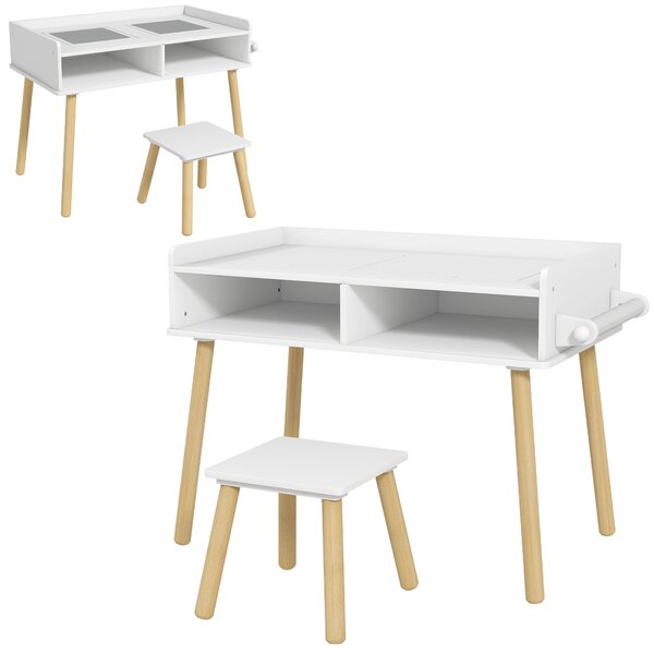 HOMCOM Set Tavolino e Sedie per Bambini, Piano del tavolo a 2 lati Reversibile e Rotolo di Carta, in MDF e legno, Bianco|Aosom Italy
