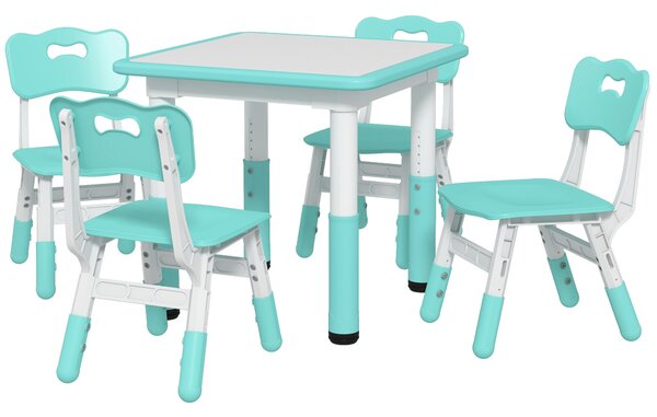 AIYAPLAY Set Tavolo e Sedie per Bambini 5pz con 4 Sedie Regolabili 32x36x52.5-56 cm e Tavolo 60x60x46-58 cm, Verde