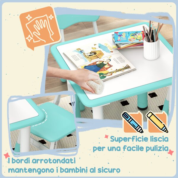 AIYAPLAY Set Tavolo e Sedie per Bambini 5pz con 4 Sedie Regolabili 32x36x52.5-56 cm e Tavolo 60x60x46-58 cm, Verde