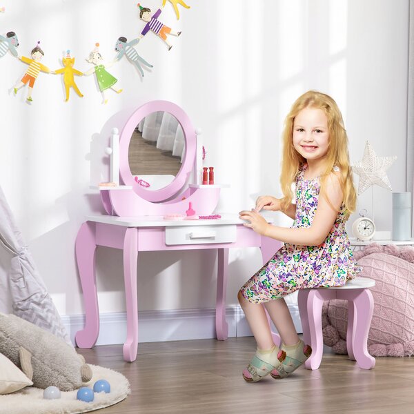 ZONEKIZ Set Toeletta Trucco per Bambini con Tavolino con Specchi e Sgabello, Età 3-6 Anni, Rosa