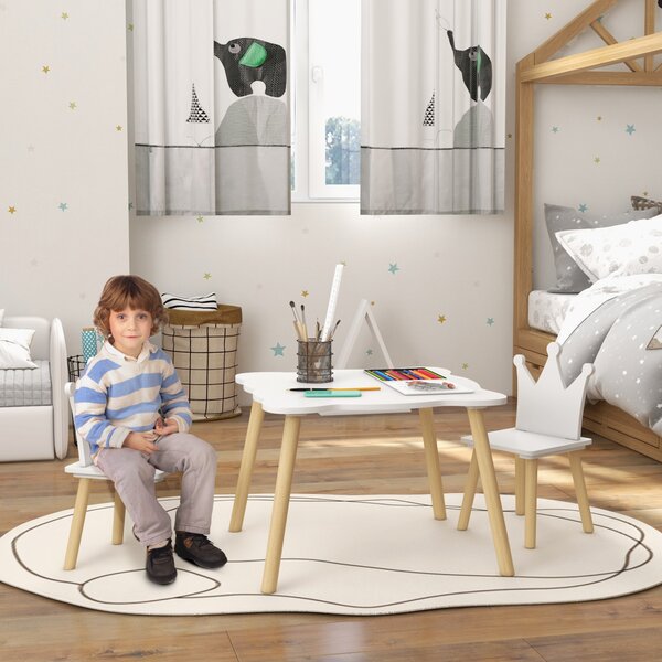 AIYAPLAY Set Tavolo e 2 Sedie per Bambini con Schienale a Corona, Età 3-6 Anni, Bianco