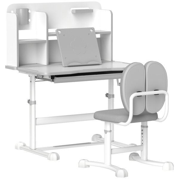 AIYAPLAY Set Tavolo e Sedie per Bambini 6-12 Anni, Scrivania con Altezza Regolabile e Sedia Inclinabile, Set Studio Ergonomico, Grigio | Aosom Italy