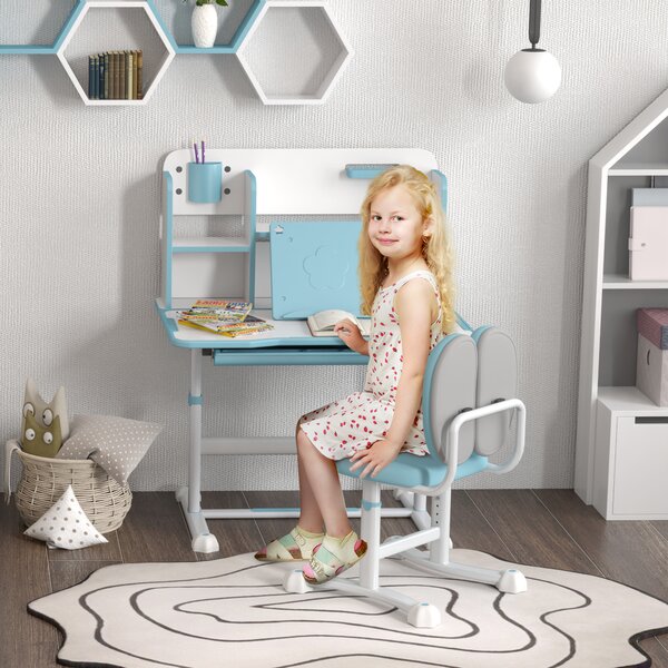 AIYAPLAY Set Scrivania e Sedia Regolabili per Bambini con Piano Inclinabile e Cassetto Scaffale Ergonomico Blu per Studio e Gioco |Aosom