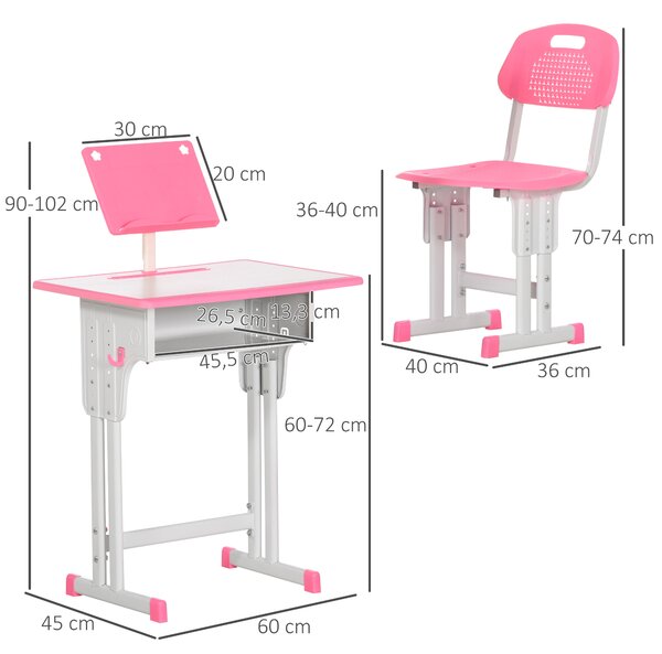 HOMCOM Banco Scuola con Sedia ad Altezza Regolabile per Bambini 6-12 Anni, Acciaio e MDF, Rosa