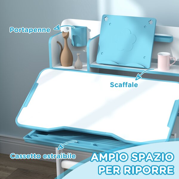 AIYAPLAY Set Scrivania e Sedia Regolabili per Bambini con Piano Inclinabile e Cassetto Scaffale Ergonomico Blu per Studio e Gioco |Aosom