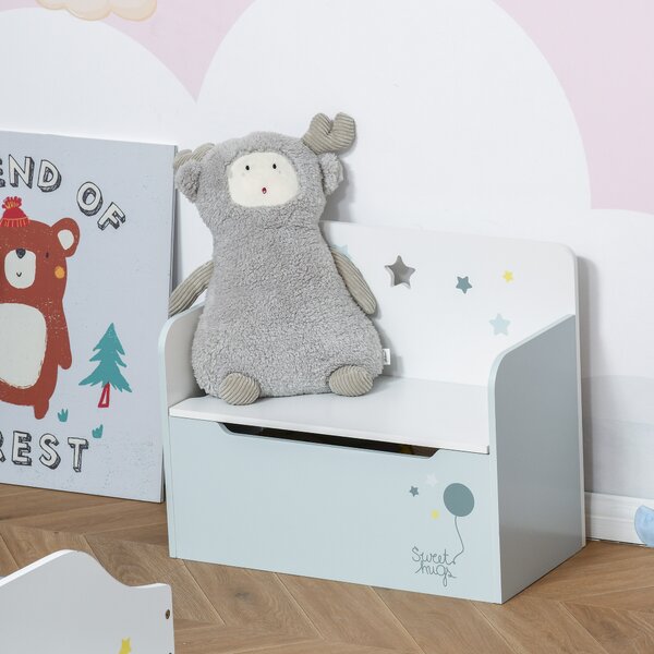 HOMCOM Panca Contenitore con Schienale in Legno per Bambini da 3-6 Anni, 60x30x50 cm, Azzurro