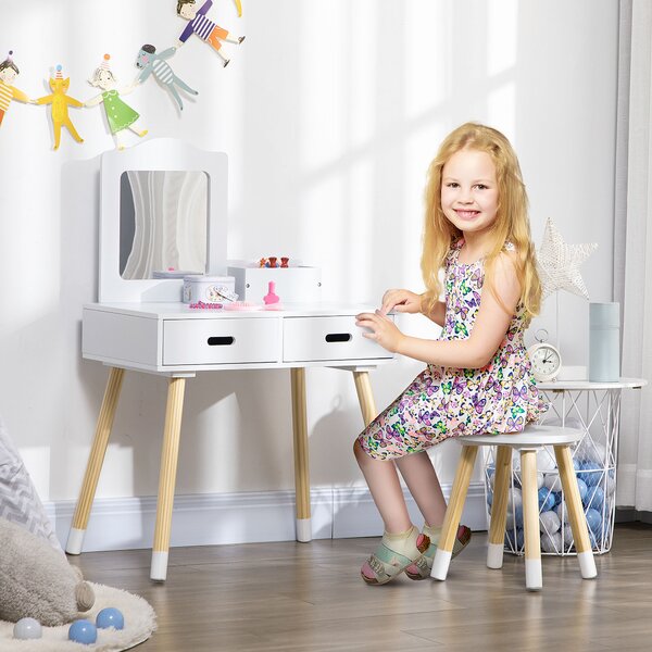 ZONEKIZ Set Toeletta per Bambini con Tavolo Trucco e Sgabello, Specchio e 2 Cassetti, Bianco e Colore Legno