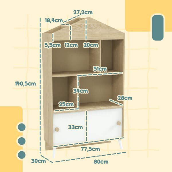 AIYAPLAY Libreria per Bambini in Legno con Ripiani Aperti e Armadietto Inferiore, 80x30x140.5 cm, Bianco e color Legno