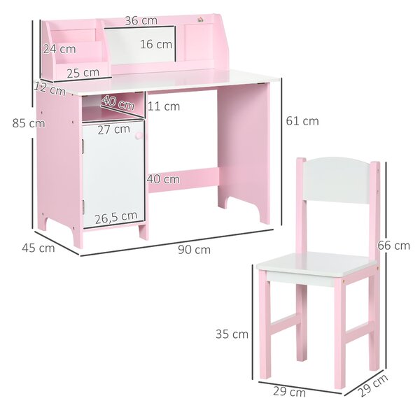 HOMCOM Set Tavolo e Sedie per Bambini 5+ Anni in Legno con Banco Scuola 90x45x85 cm e Sedia 29x29x66 Bianco e Rosa