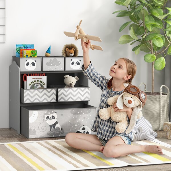 ZONEKIZ Scaffale Portagiochi per Bambini con 6 Contenitori Rimovibili in Tessuto, 63x30x66cm, Grigio
