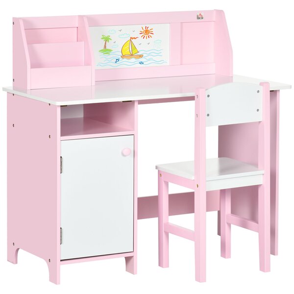 HOMCOM Set Tavolo e Sedie per Bambini 5+ Anni in Legno con Banco Scuola 90x45x85 cm e Sedia 29x29x66 Bianco e Rosa