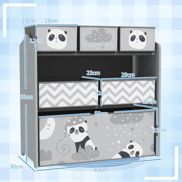 ZONEKIZ Scaffale Portagiochi per Bambini con 6 Contenitori Rimovibili in Tessuto, 63x30x66cm, Grigio